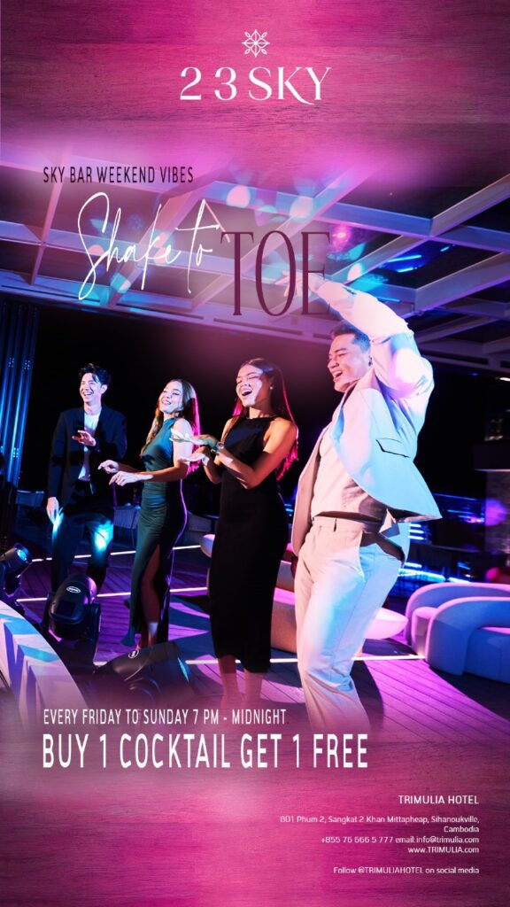 Four people dancing happily under club lights at the 23 SKY rooftop bar, promoting "Sky Bar Weekend Vibes: Shake to Toe" with a Buy 1 Get 1 Free cocktail offer every Friday to Sunday from 7 PM to midnight.