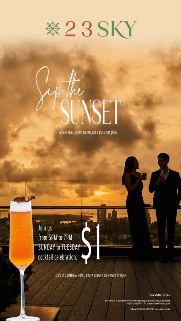 A couple enjoying cocktails on the 23 SKY rooftop terrace at sunset, promoting the "Sip the Sunset" cocktail celebration for $1 per drink, available Sunday to Tuesday from 5 PM to 7 PM.