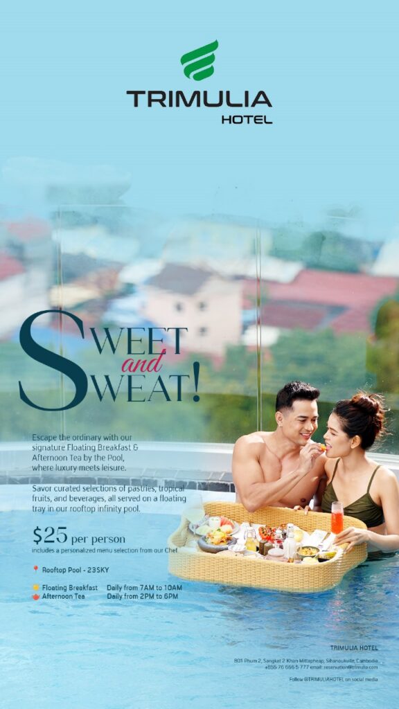 A couple enjoying a floating tray of breakfast and fruit in the infinity pool at Trimulia Hotel, promoting the "Sweet and Sweat" Floating Breakfast and Afternoon Tea package for $25 per person.